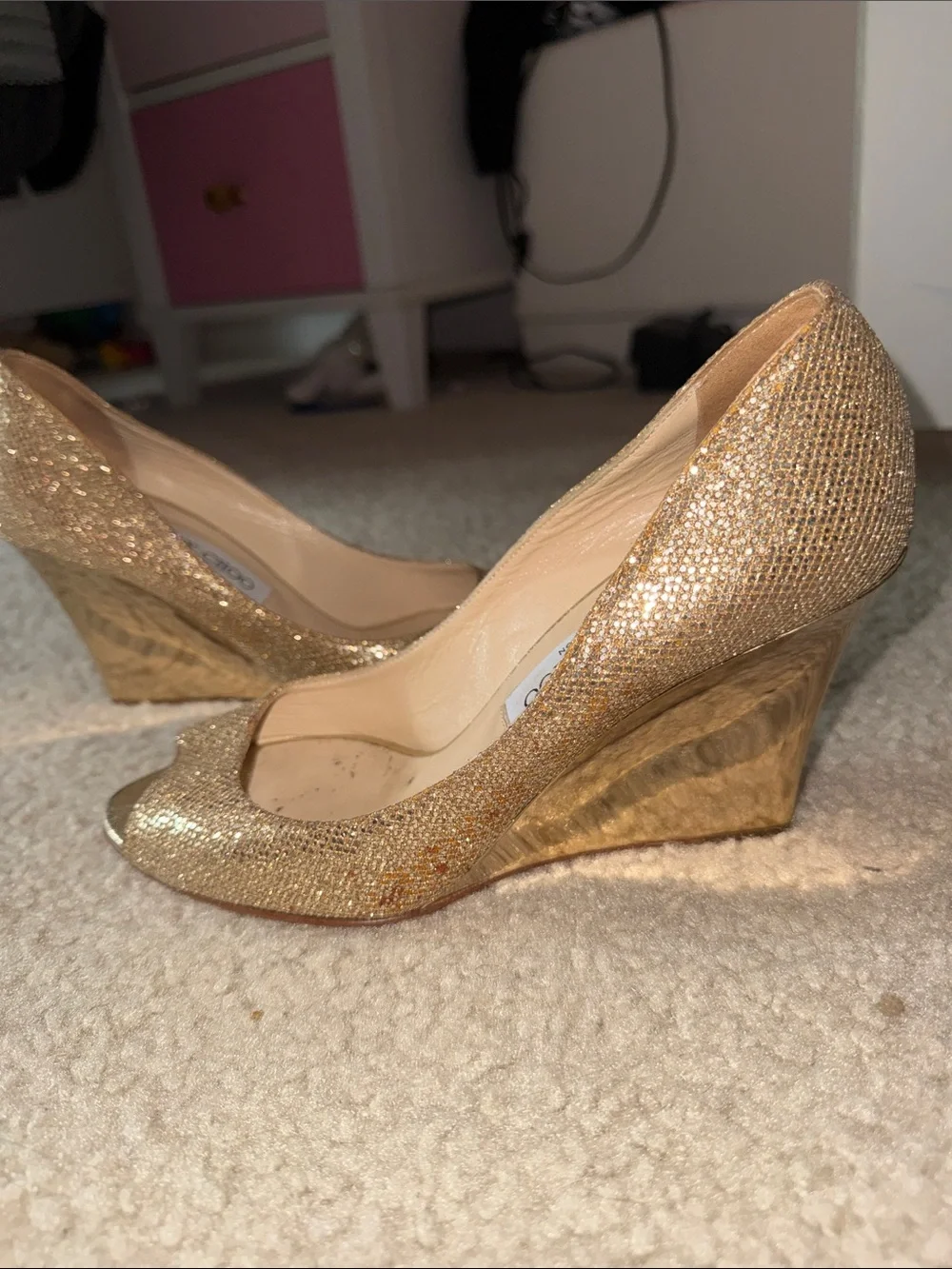 Jimmy Choo Gold Metallic Peep-Toe Wedge Heels